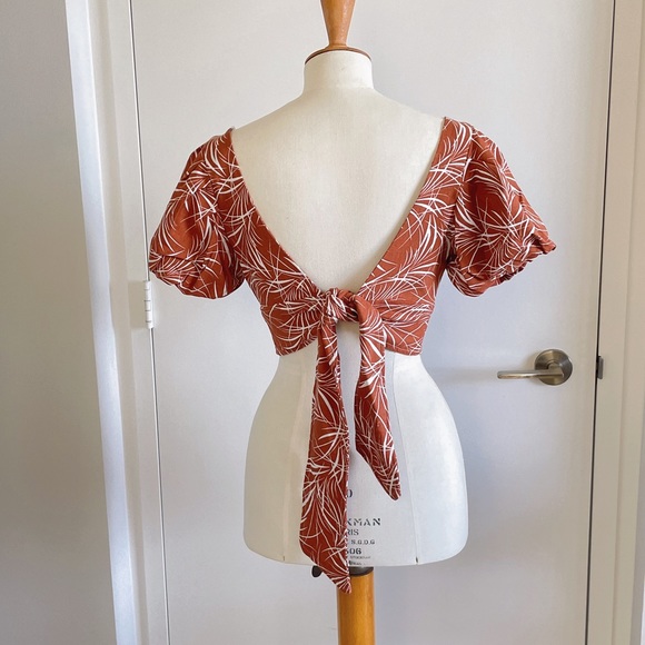 NEW Linen Crop Top Back Tie Brown White Patterned Puff Sleeves Sweetheart - Picture 5 of 10